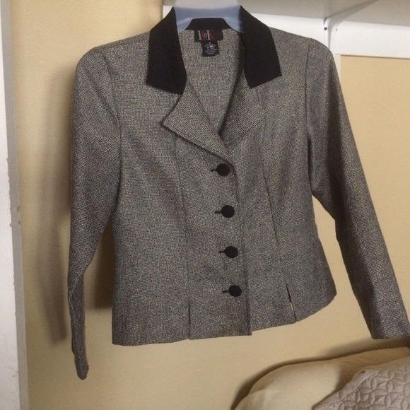 R&K Originals Blazer Sz6 Tweedy Gray Four Button Contrast Collar Fitted Pre-Owne - Picture 7 of 11